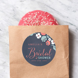 Bluish Chalkboard Floral Bridal Shower Classic Round Sticker