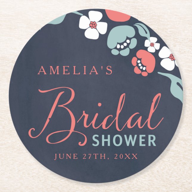 Bluish Chalkboard Floral Bridal Shower Round Paper Coaster (Front)