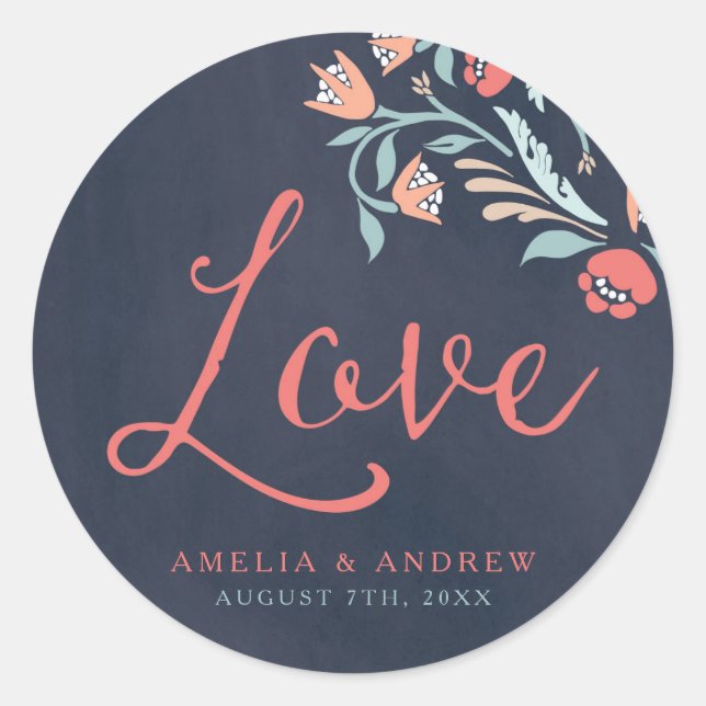 Bluish Chalkboard Floral Love Wedding Round Classic Round Sticker (Front)