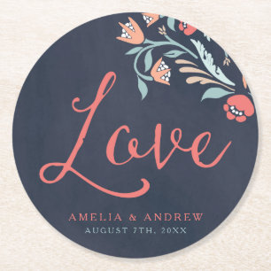 Bluish Chalkboard Floral Love Wedding Round Paper Coaster