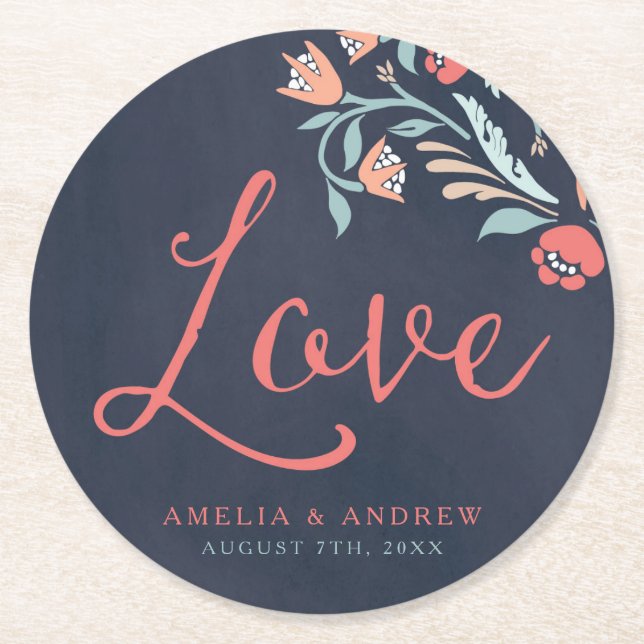 Bluish Chalkboard Floral Love Wedding Round Paper Coaster (Front)