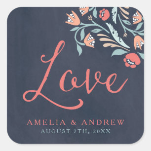 Bluish Chalkboard Floral Love Wedding Square Sticker