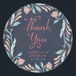 Bluish Chalkboard Floral Wedding Thank You Classic Round Sticker<br><div class="desc">This Thank You round sticker features beautiful floral against a bluish chalkboard background with the word "Thank You" in modern script font. Use it to seal your Wedding favour gifts or for decoration. Check out the Wedding Invitation and other matching wedding items in my collection here -> http://www.zazzle.com/collections/bluish_chalkboard_floral_bridal_and_wedding-119872540777216768?rf=238364477188679314 Personalize it...</div>