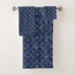 Bluish chequered square with pixelated dots bath towel set