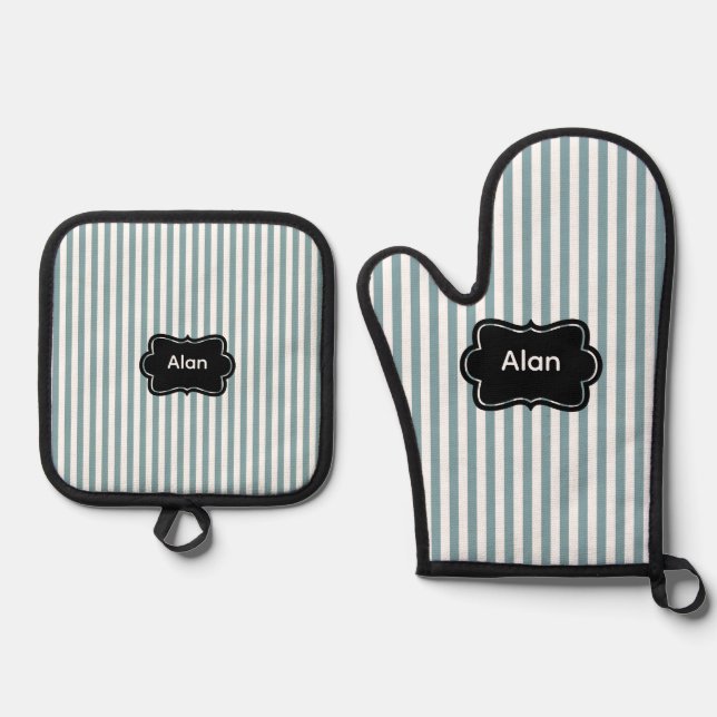 Bluish-Green Vertical Stripes Oven Mitt & Pot Holder Set (Front)