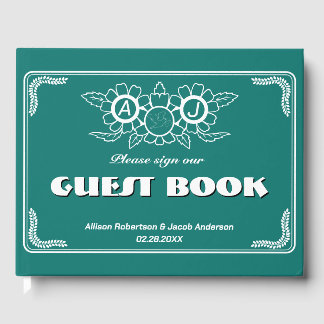 Bluish Green & White Wedding Guest Book