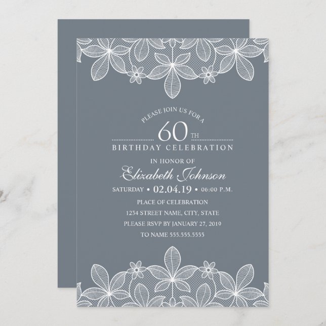 Bluish Grey 60th Birthday Party Creative Lace Invitation (Front/Back)