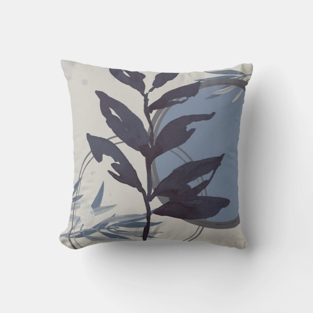 Bluish Grey Abstract Watercolor Leaf Throw Pillow (Front)