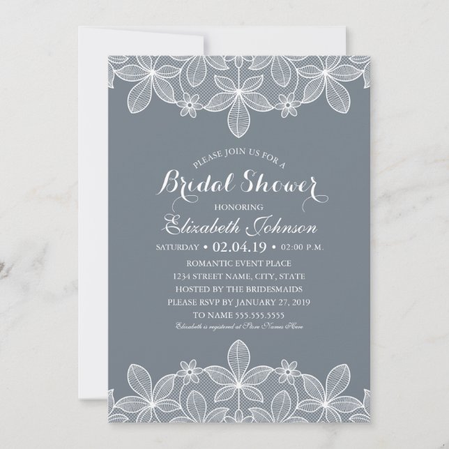 Bluish Grey Elegant Vintage Lace Bridal Shower Invitation (Front)