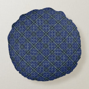 Bluish irregular plaid square with pixelated dots round pillow