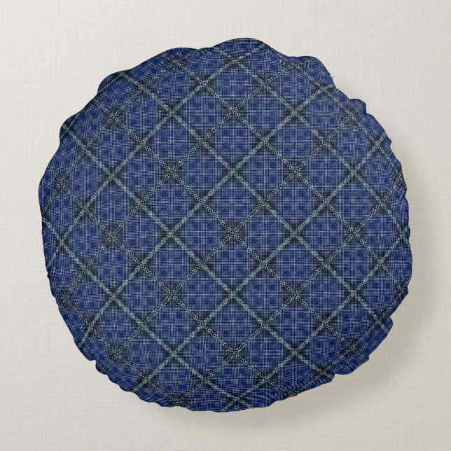 Bluish irregular plaid square with pixelated dots round pillow (Back)