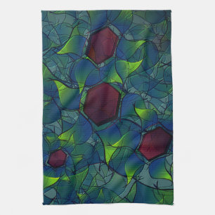 Bluish notched virtual leafy with dark red hexagon kitchen towel