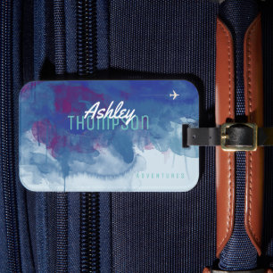 bluish watercolor with name cool & modern luggage tag