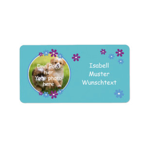 Blumen lila blau Fotoaufkleber türkis Label