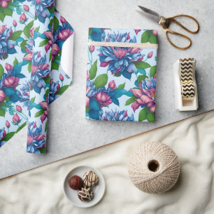 Blumenmuster: Dahlien in Blau/Rosa - Wrapping Paper