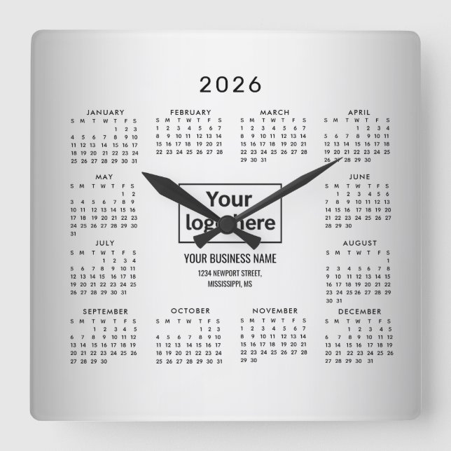 Blurred Grey Background Custom Logo 2026 Calendar Square Wall Clock (Front)