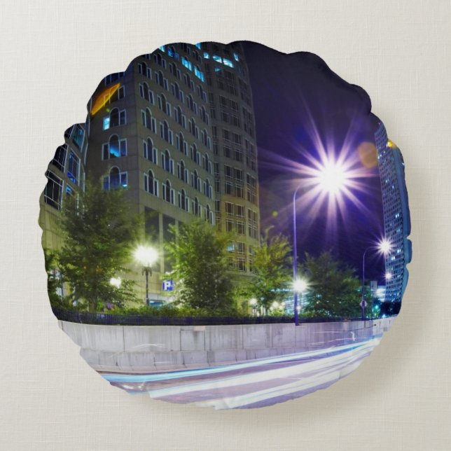 Blurred Traffic at Night Round Pillow (Front)