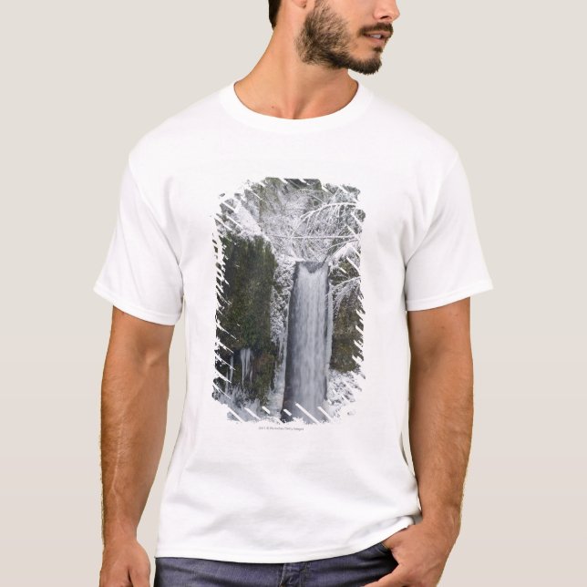 Blurry Waterfall Surrounded by a Snowy Forest T-Shirt (Front)