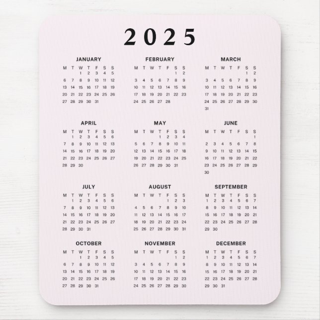 Blush 2025 Monthly Calendar Mouse Pad (Front)