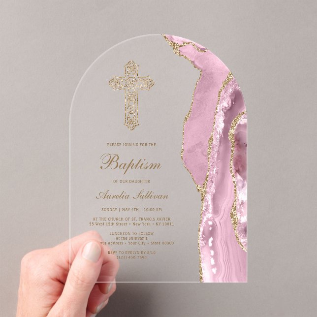 Blush Agate Baptism Acrylic Invitations (Insitu (Handheld))