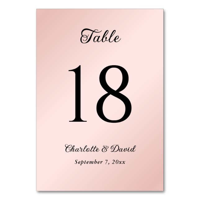 Blush and Black Elegant Minimalist Wedding Table Number (Front)