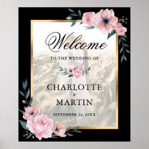 Blush and Black Floral Photo Wedding Welcome Sign