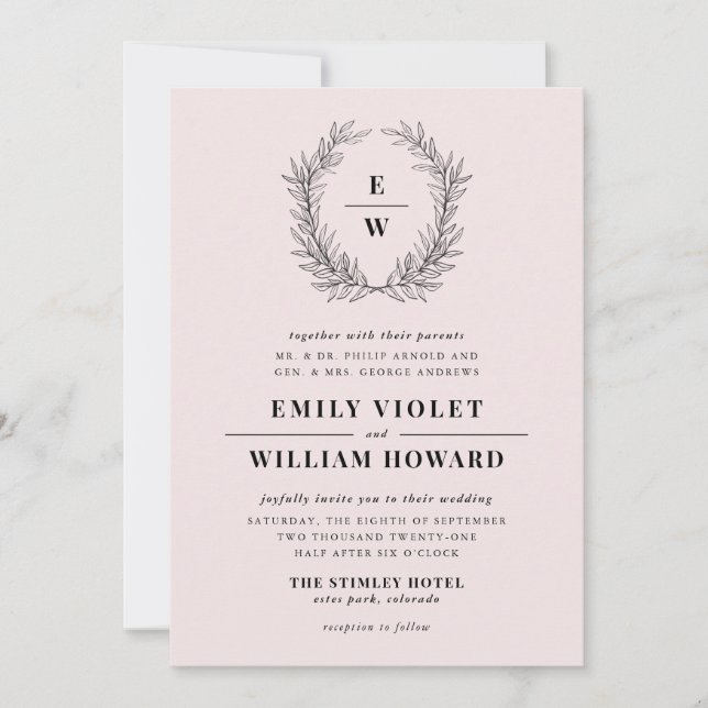 Blush and Black Wreath Monogram Wedding Invitation (Front)
