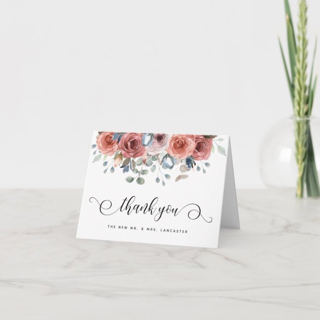 Blush and Blue Blissful Floral Thank You Card (Front)