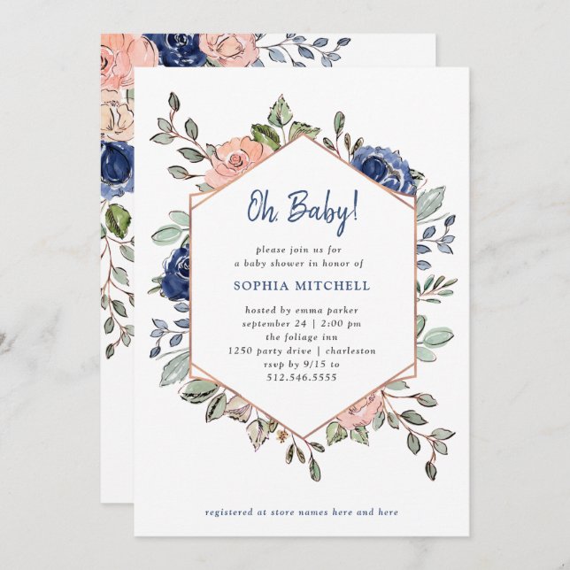 Blush and Blue Floral Geometric | Oh Baby Shower Invitation (Front/Back)