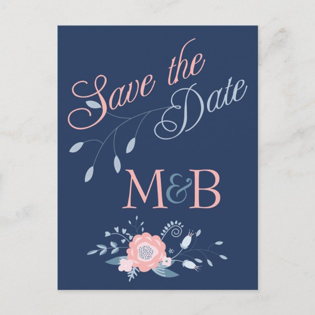 Blush and Blue wedding Save The Date postcards (Front)