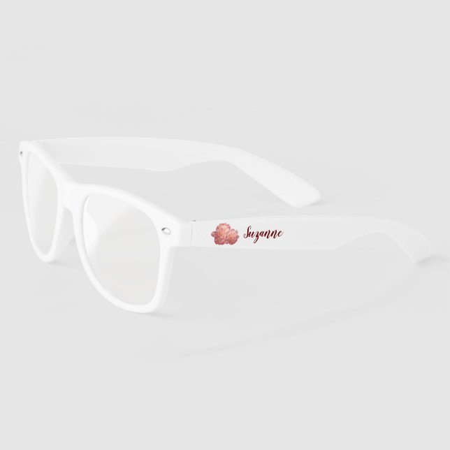 Blush and Burgundy Peony Bride with Name White Sunglasses (Left)