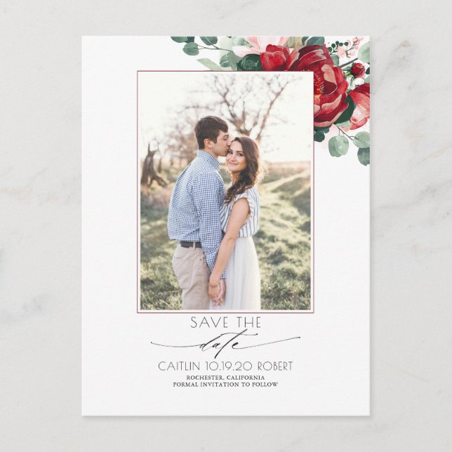 Blush and Burgundy Red Floral Save the Date Announcement Postcard (Front)
