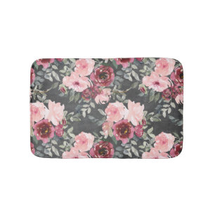 Blush and Burgundy Roses on Charcoal Black Bath Mat