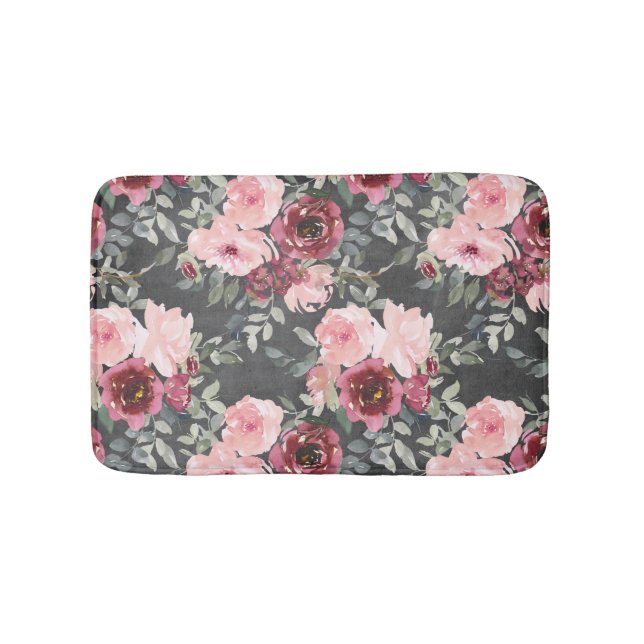 Blush and Burgundy Roses on Charcoal Black Bath Mat (Front)