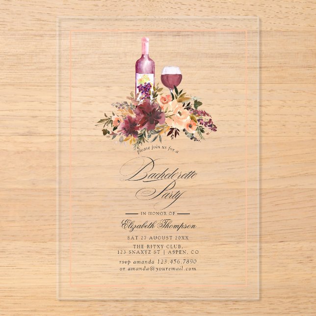 Blush and Burgundy Wine Tasting Bachelorette Party Acrylic Invitations (Front)