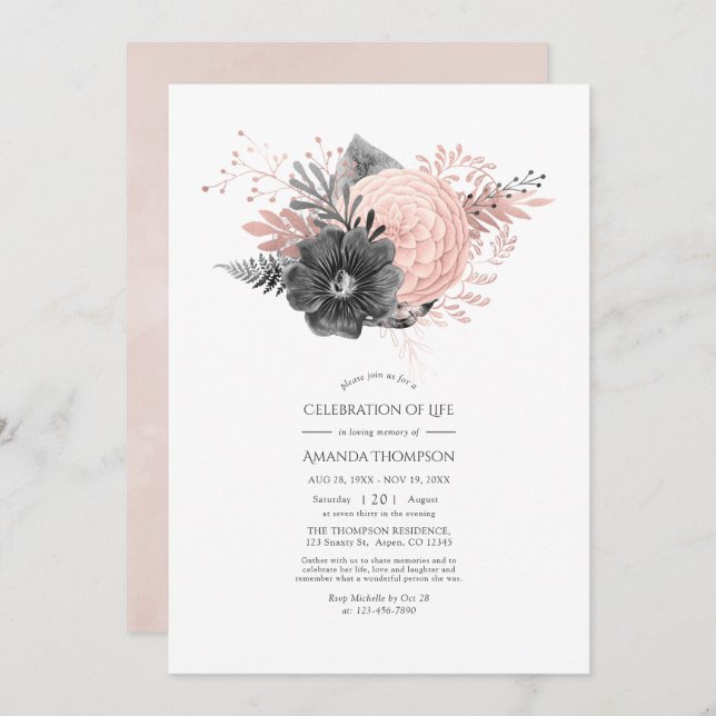 Blush and Charcoal Floral Celebration of Life Invitation (Front/Back)