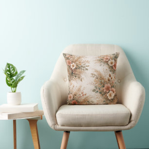 Blush and Cream Boho Pampas Bouquet Throw Pillow