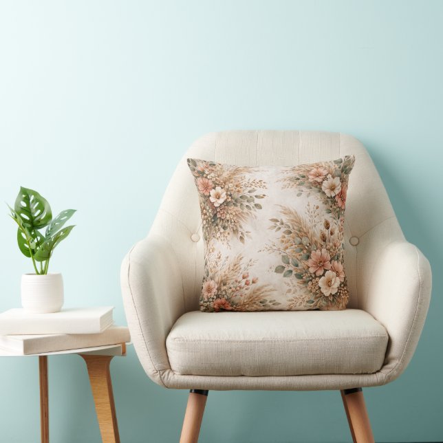 Blush and Cream Boho Pampas Bouquet Throw Pillow (Chair)