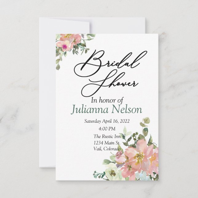 Blush and eggshell watercolor floral  invitation (Front)