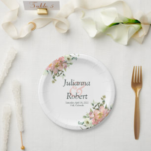Blush and eggshell watercolor floral  wedding  pap paper plate
