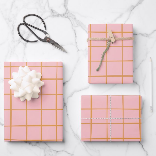 Blush and Gold Abstract Grid Lines Pattern  Wrapping Paper Sheet (Front)