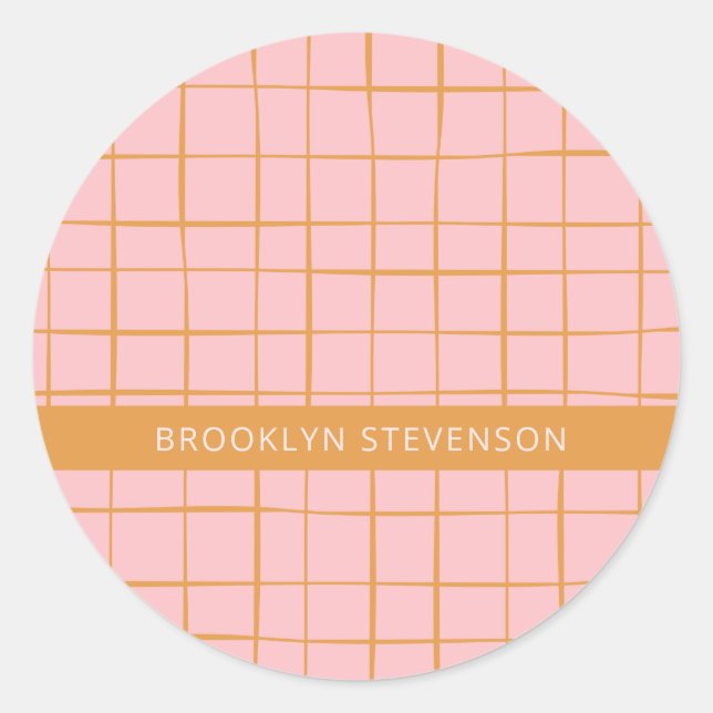 Blush and Gold Abstract Grid Lines Personalized  Classic Round Sticker (Front)