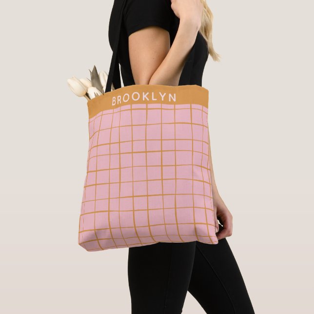 Blush and Gold Abstract Grid Lines Personalized Tote Bag (Close Up)