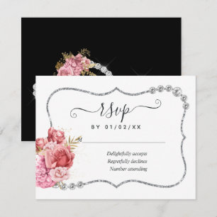 Blush and Gold and Silver Floral Diamond Wedding RSVP Card