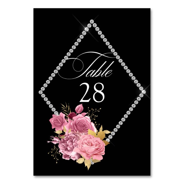 Blush and Gold and Silver Floral Diamond Wedding T Table Number (Front)