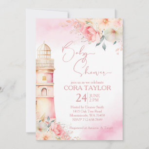 Blush and gold Boho floral lighthouse baby shower Invitation