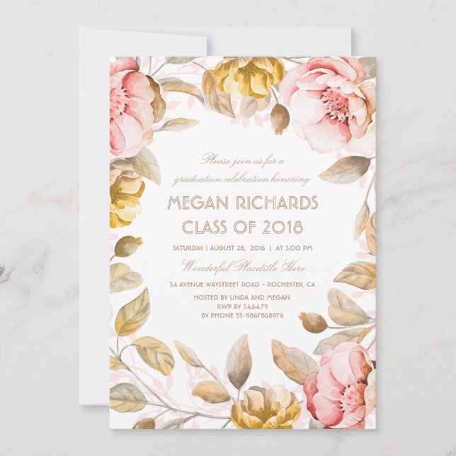 Blush and Gold Floral Watercolor Boho Graduation Invitation (Front)