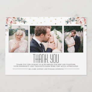 Blush and Gold   Floral Wedding Thank You Photo Card