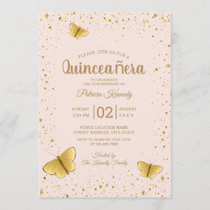 Blush And Gold Glitter Butterfly Quinceanera Invitation