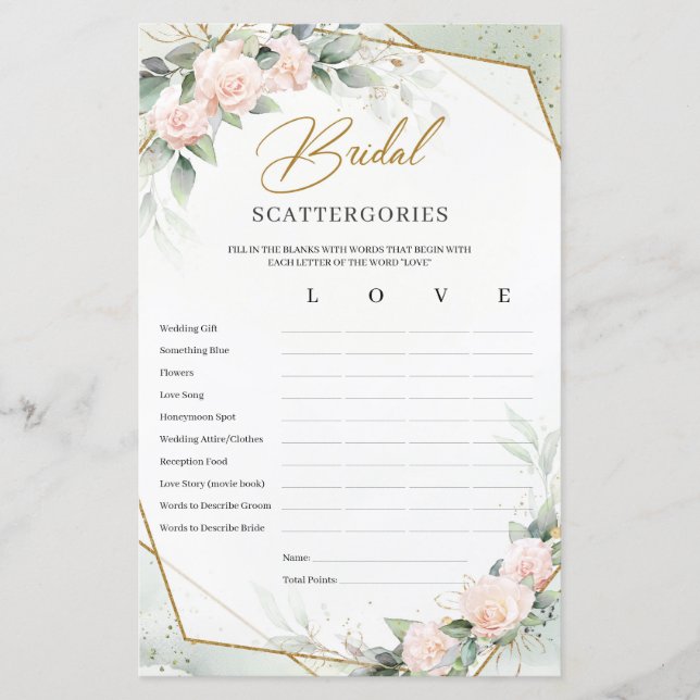 Blush and gold greenery Bridal Scattergories game (Front)